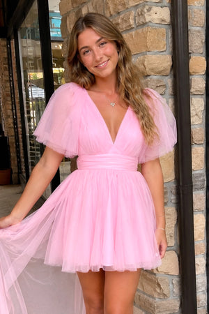 Pink A-line Plunging V Neck Tulle Homecoming Dress (3) | KISSPROM