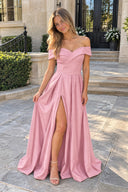 Pink A-Line Prom Dresses Celebrity Style Dress Christmas Sleeveless Off The Shoulder Satin with Slit | KISSPROM