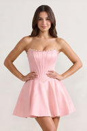 Pink Strapless A-Line Satin Corset Homecoming Dress With Pearl - KISSPROM