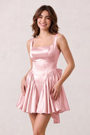 Pink A Line Satin Square Neck Homecoming Dress with Bowknot Ruffles | KISSPROM