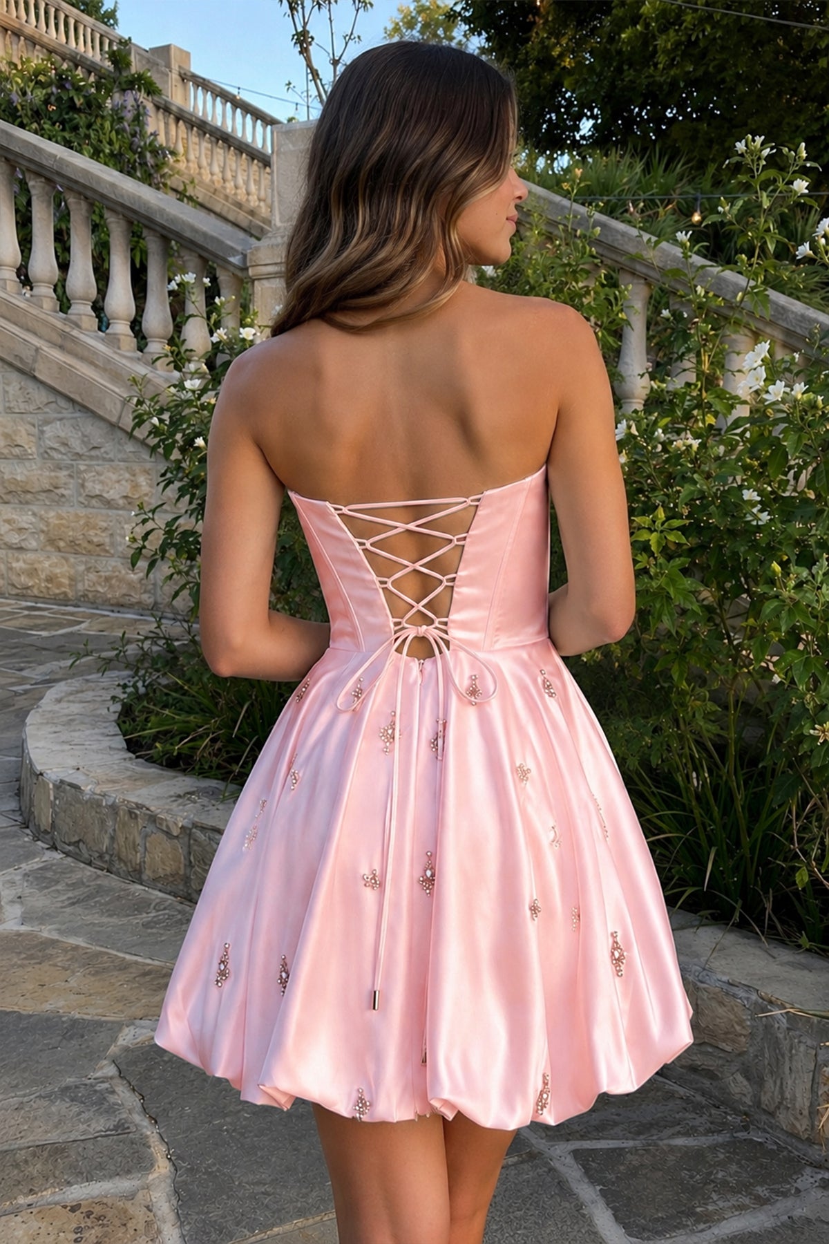 KissProm White A Line Scoop Neck Corset Beaded Short Homecoming Dresses, Pink / 16