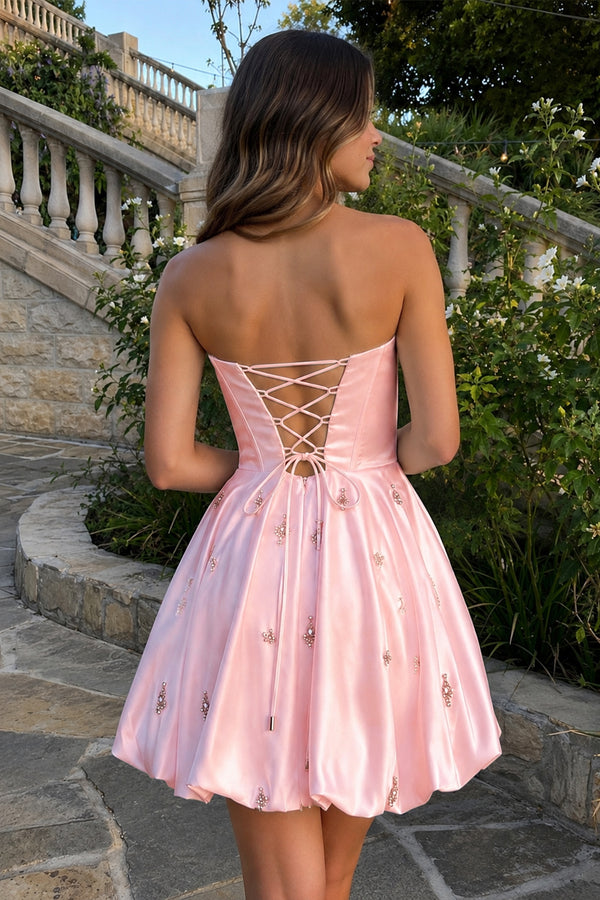 Pink A Line Scoop Neck Corset Beaded Short Homecoming Dresses | KISSPROM