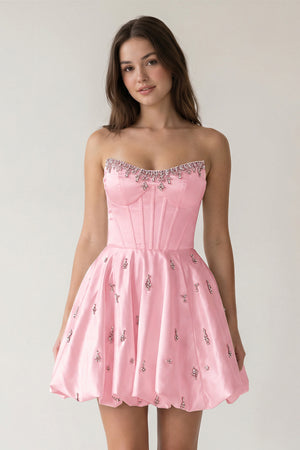 Pink A Line Scoop Neck Corset Beaded Short Homecoming Dresses | KISSPROM