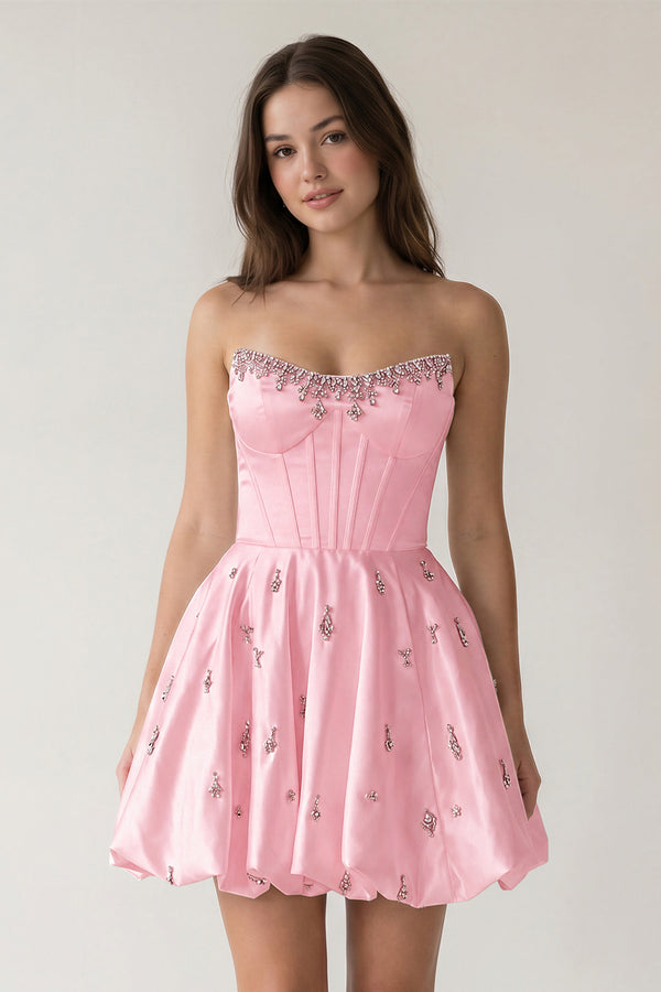 Pink A Line Scoop Neck Corset Beaded Short Homecoming Dresses | KISSPROM