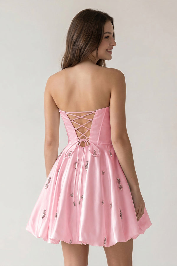 Pink A Line Scoop Neck Corset Beaded Short Homecoming Dresses | KISSPROM