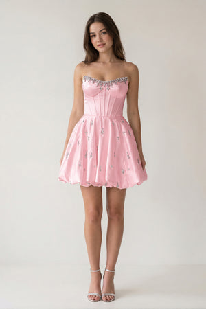 Pink A Line Scoop Neck Corset Beaded Short Homecoming Dresses | KISSPROM