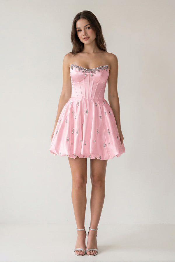 Pink A Line Scoop Neck Corset Beaded Short Homecoming Dresses | KISSPROM