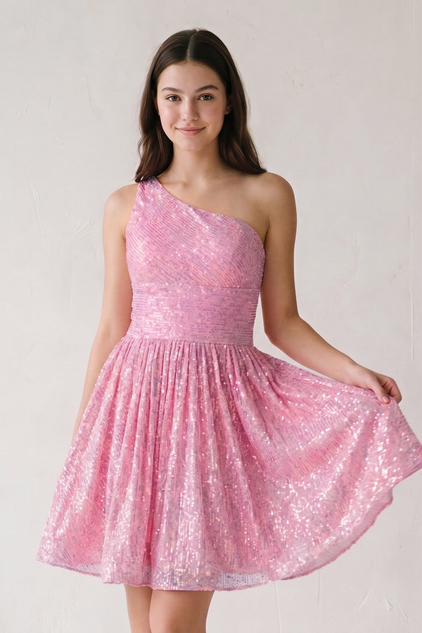 Pink A-Line One Shoulder Sequins Homecoming Dress-KISSPROM