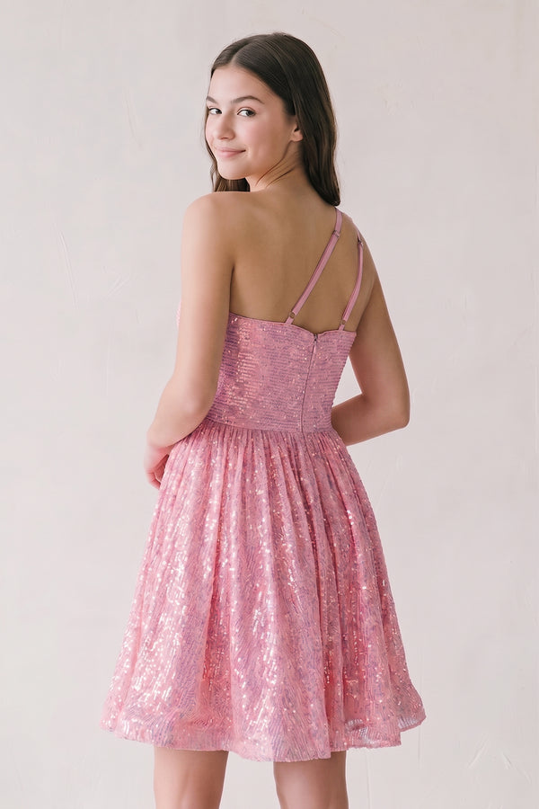 Pink A-Line One Shoulder Sequins Homecoming Dress-KISSPROM