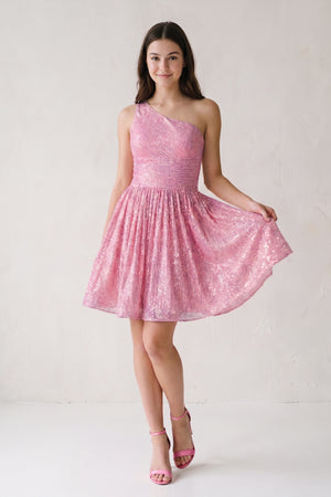 Pink A-Line One Shoulder Sequins Homecoming Dress-KISSPROM