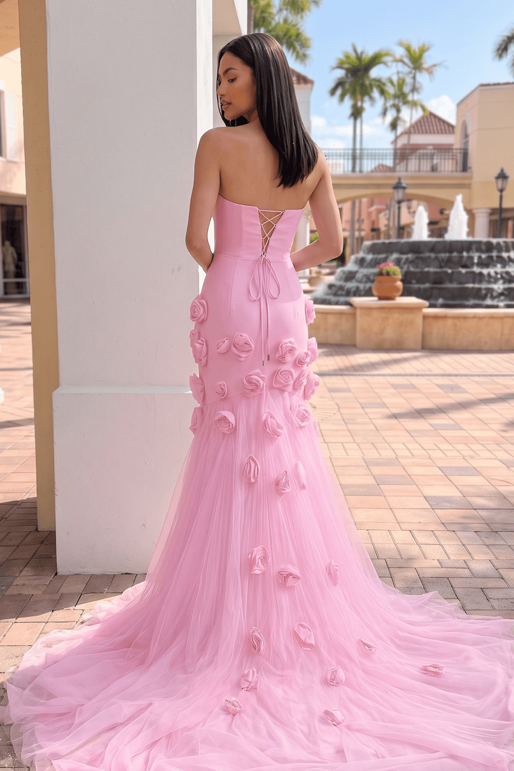 Pink A line Sexy Strapless Sleeveless Slit Flowers Prom Dress | KISSPROM