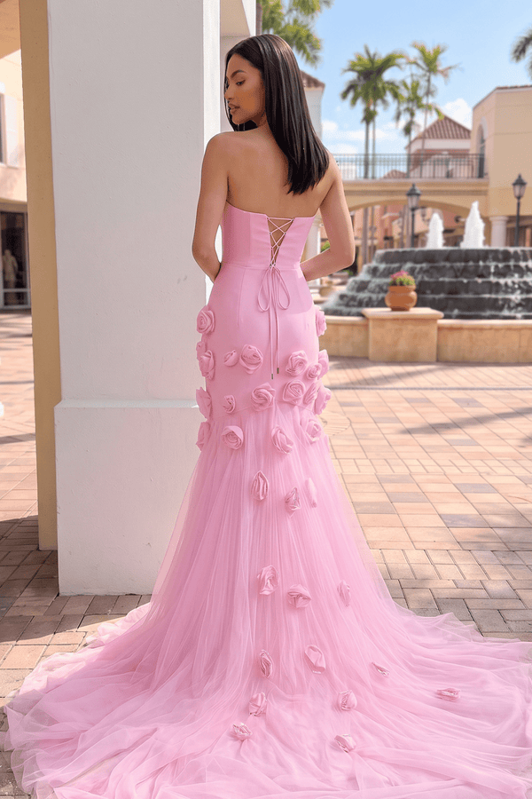 Pink A line Sexy Strapless Sleeveless Slit Flowers Prom Dress (2) | KISSPROM