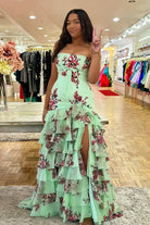 KissProm-Filante Sage Strapless Sheath Floral Chiffon Ruffles Long Formal Prom Dresses With Bow
