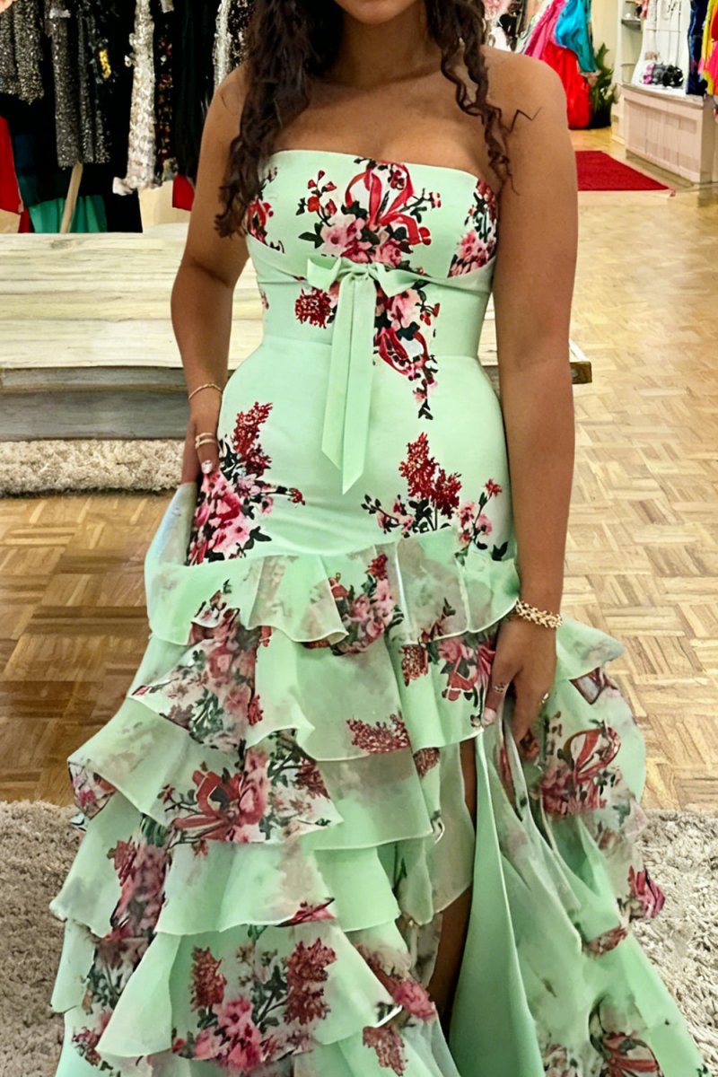 KissProm-Filante Sage Strapless Sheath Floral Chiffon Ruffles Long Formal Prom Dresses With Bow