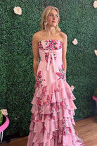 KissProm-Filante Pink Strapless Sheath Floral Chiffon Ruffles Long Formal Prom Dresses With Bow