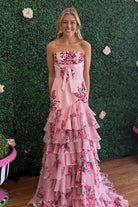 KissProm-Filante Pink Strapless Sheath Floral Chiffon Ruffles Long Formal Prom Dresses With Bow