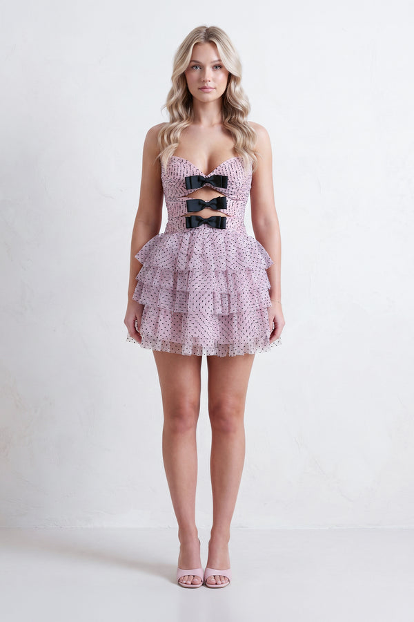 Pink A Line Strapless Dot Tulle Ruffle Homecoming Dresses With Bow | KISSPROM