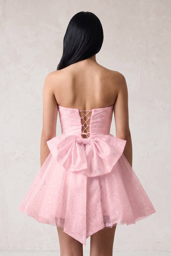 Pink A Line Strapless Glitter Tulle Ruffled Homecoming Dresses with Bow (2) | KISSPROM