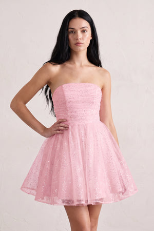Pink A Line Strapless Glitter Tulle Ruffled Homecoming Dresses with Bow | KISSPROM