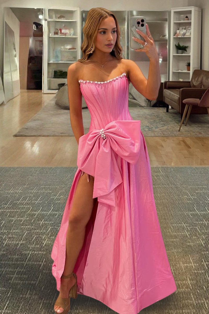 Aspen | Pink - Strapless A Line Satin Pearl Long Formal Prom Dresses With Bow - KissProm