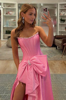 Aspen | Pink - Strapless A Line Satin Pearl Long Formal Prom Dresses With Bow - KissProm