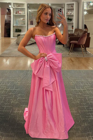Aspen | Pink - Strapless A Line Satin Pearl Long Formal Prom Dresses With Bow - KissProm