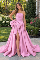 Pink A-line Strapless Taffeta Long Prom Dress With Slit | KISSPROM