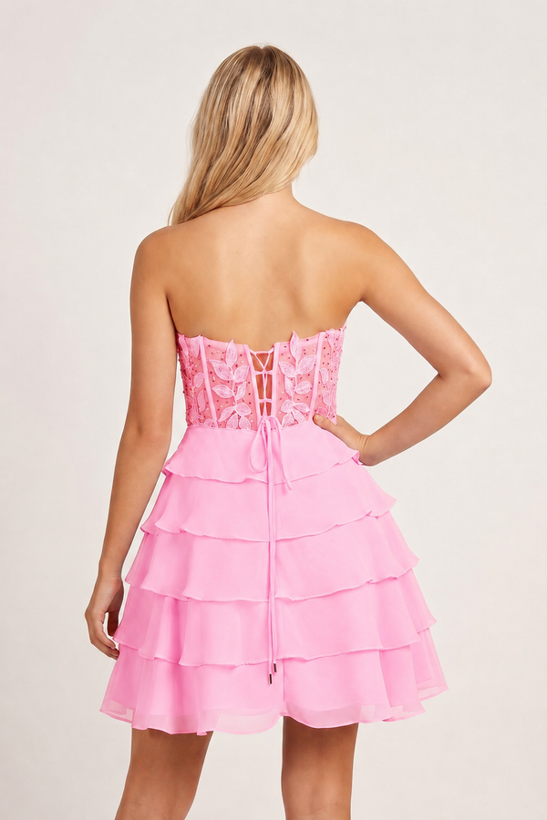 KissProm A-Line Strapless Tiered Corset Short Homecoming Dress with Appliques, Pink / 0