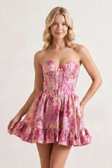 Pink A Line Sweetheart Brocade Textured Corset Homecoming Dresses with Ruffles | KISSPROM