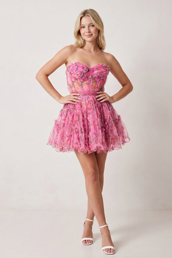 Pink A Line Sweetheart Floral Homecoming Dress (3) | KISSPROM