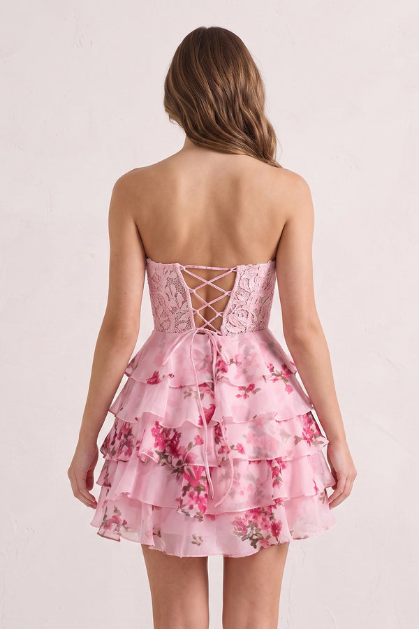 Pink A Line Sweetheart Floral Lace Corset Ruffled Homecoming Dresses (2) | KISSPROM