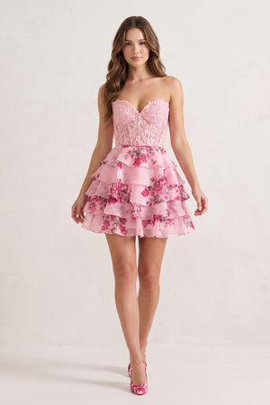 Pink A Line Sweetheart Floral Lace Corset Ruffled Homecoming Dresses (3) | KISSPROM