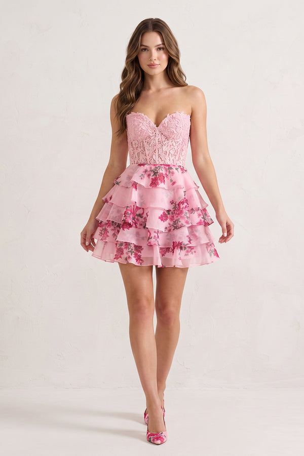 Pink A Line Sweetheart Floral Lace Corset Ruffled Homecoming Dresses (3) | KISSPROM