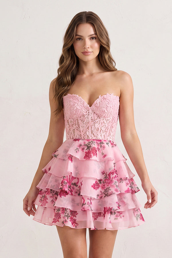 Pink A Line Sweetheart Floral Lace Corset Ruffled Homecoming Dresses | KISSPROM