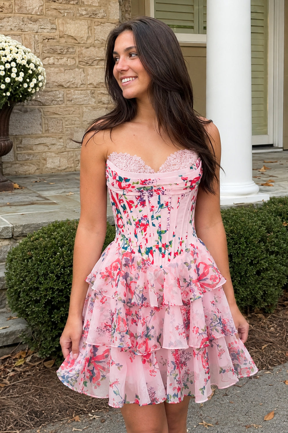 Pink A Line Sweetheart Floral Chiffon Corset Ruffled Homecoming Dresses - KISSPROM