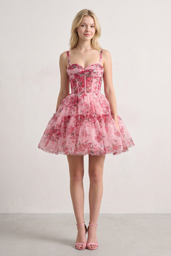 Pink A Line Sweetheart Floral Tulle Short Homecoming Dresses (3) | KISSPROM