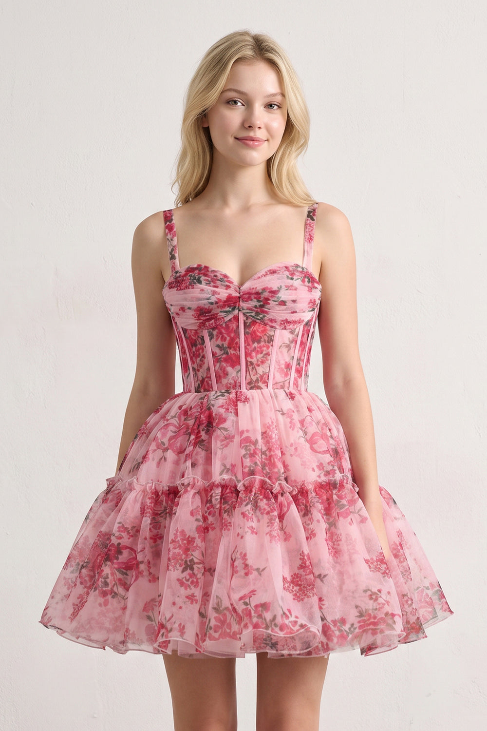 Pink A Line Sweetheart Floral Tulle Short Homecoming Dresses | KISSPROM