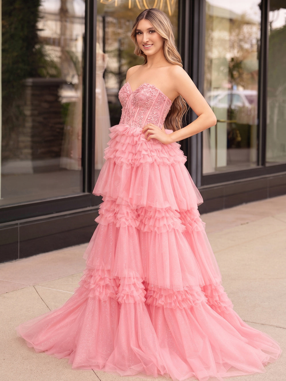 A-Line Sweetheart Tiered Long Tulle Prom Dress - Kissprom