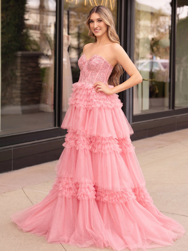 A-Line Sweetheart Tiered Long Tulle Prom Dress - Kissprom
