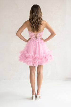 Pink A-Line Sweetheart Ruffle Tulle Homecoming Dress With Appliques | KISSPROM