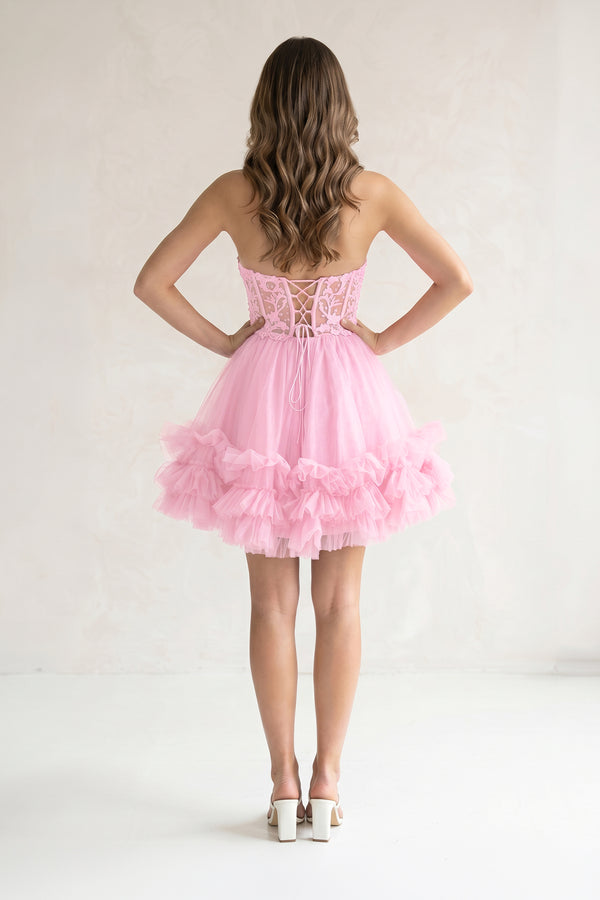Pink A-Line Sweetheart Ruffle Tulle Homecoming Dress With Appliques | KISSPROM