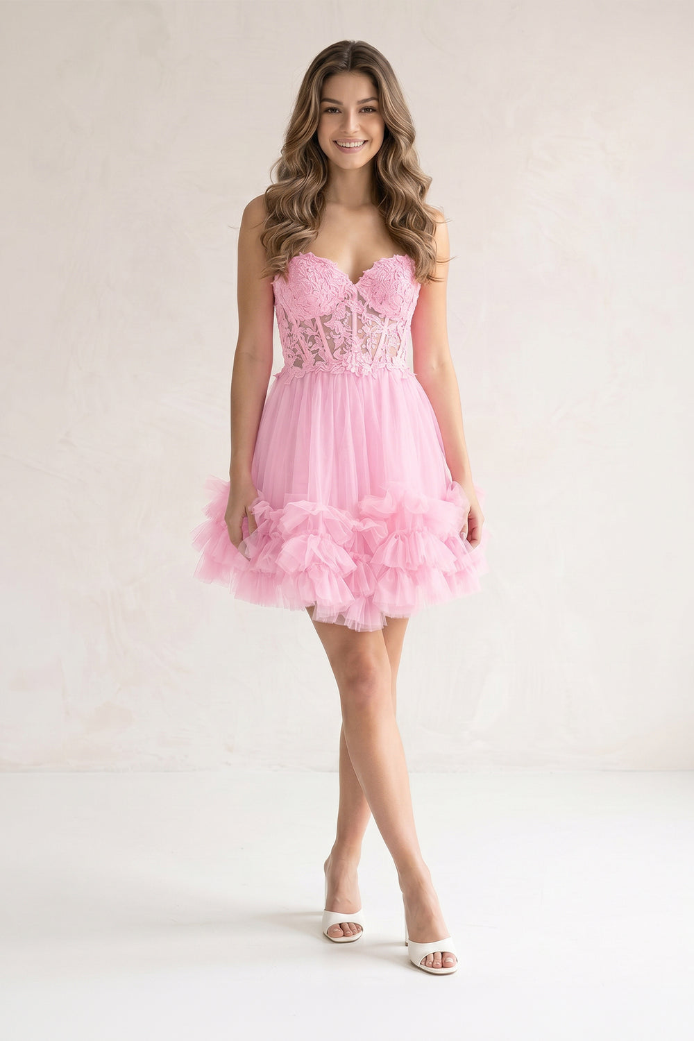 Pink A-Line Sweetheart Ruffle Tulle Homecoming Dress With Appliques | KISSPROM