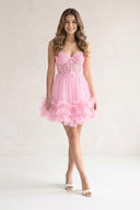 Pink A-Line Sweetheart Ruffle Tulle Homecoming Dress With Appliques | KISSPROM