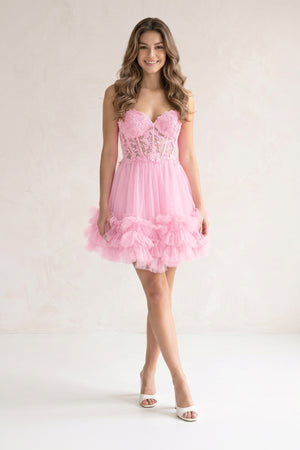 Pink A-Line Sweetheart Ruffle Tulle Homecoming Dress With Appliques | KISSPROM
