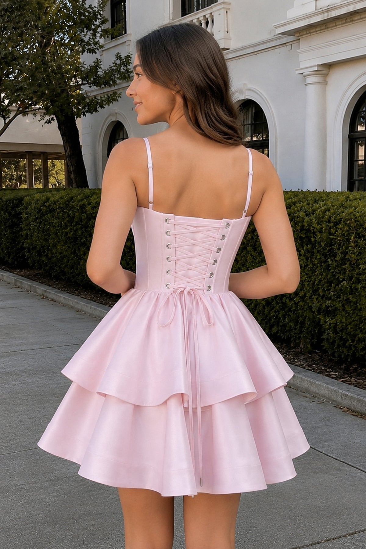 KissProm Pink A Line Sweetheart Satin Ruffles Short Homecoming Dress, Pink / 10