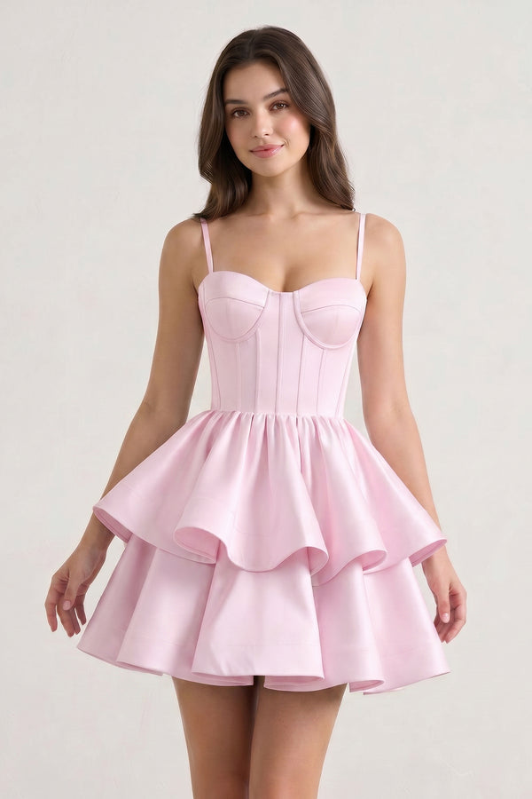 Pink A Line Sweetheart Satin Ruffles Short Homecoming Dress | KISSPROM
