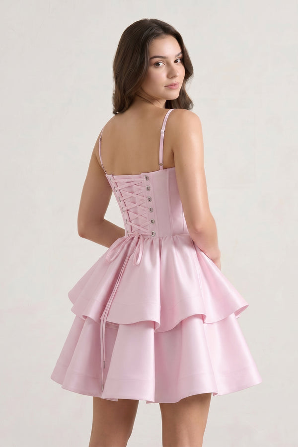 Pink A Line Sweetheart Satin Ruffles Short Homecoming Dress | KISSPROM