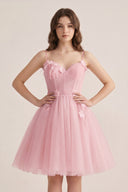 Pink A Line Sweetheart Spaghetti Straps Tulle Short Homecoming Dresses | KISSPROM