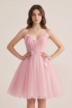 Pink A Line Sweetheart Spaghetti Straps Tulle Short Homecoming Dresses | KISSPROM