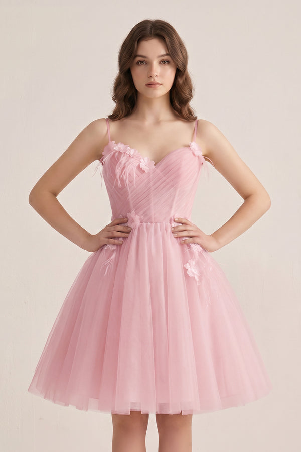 Pink A Line Sweetheart Spaghetti Straps Tulle Short Homecoming Dresses | KISSPROM